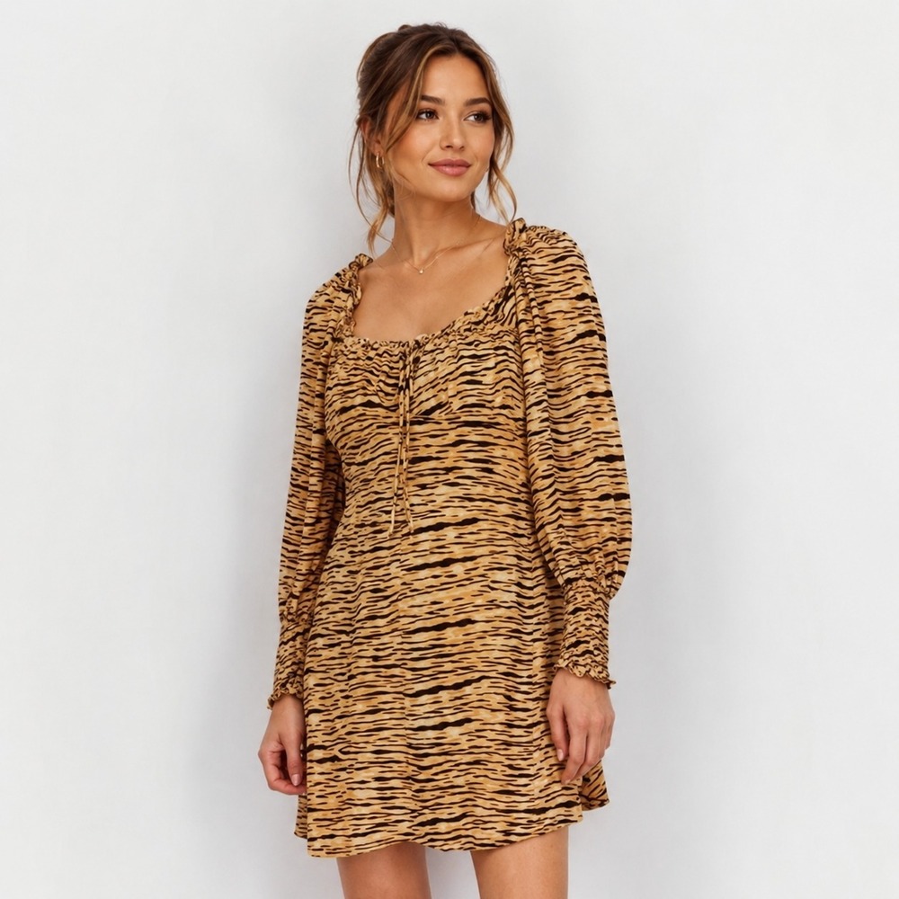 FAITHFULL THE BRAND Women’s Ira Mini Dress‎ 6 MEDIUM Tiger Animal Print Smocked